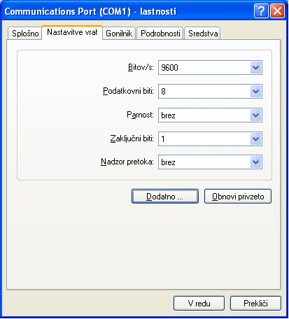 Nastavitve serijskega vmesnika v okolju Windows
